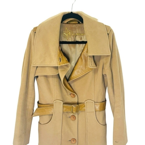 MACKAGE Tan Brown Wool Blend Luxury Trench Coat SZ Medium - Picture 8 of 13